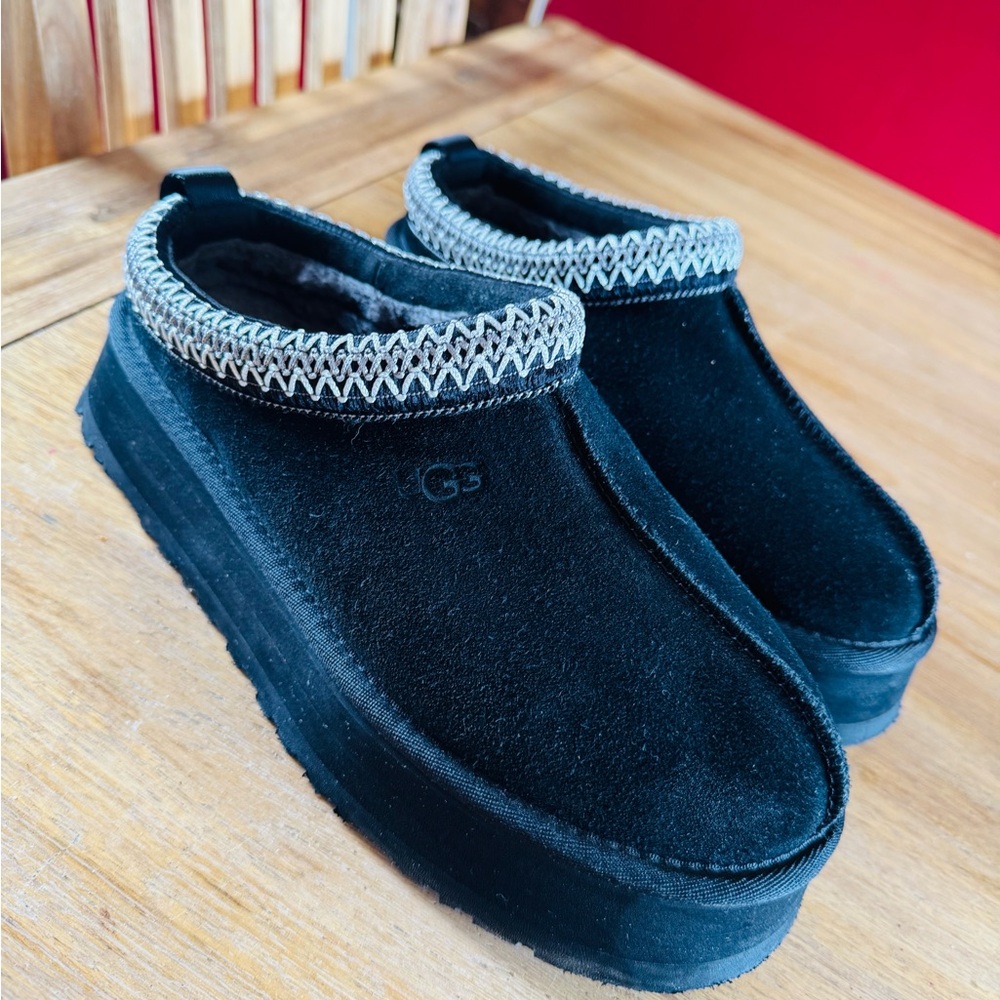 UGG Black Suede Slip-On Shoes with Patterned Trim